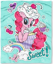 Size: 1193x1426 | Tagged: safe, pinkie pie, butterfly, pony, g4, blanket, cherry, cupcake, cute, diapinkes, female, food, merchandise, ponies in food, rainbow, solo, stars, sweet