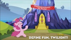 Size: 640x359 | Tagged: safe, edit, edited screencap, screencap, pinkie pie, earth pony, pony, g4, rock solid friendship, banner, engineering, twilight's castle