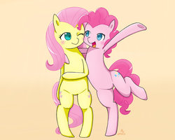 Size: 1024x819 | Tagged: safe, artist:zoxriver503, fluttershy, pinkie pie, pony, g4, armpits, bipedal, blushing, both cutie marks, duo, hug, simple background