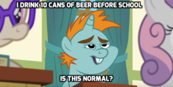 Size: 1067x536 | Tagged: safe, edit, edited screencap, screencap, snips, sweetie belle, twist, pony, unicorn, g4, the cart before the ponies, caption, drunk, meme, ponyville schoolhouse, school