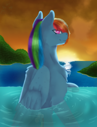 Size: 1000x1304 | Tagged: safe, artist:tess-a-doodle, rainbow dash, pony, g4, chest fluff, female, looking back, mountain, ocean, reflection, smiling, solo, sunset, swimming pool, twilight (astronomy)