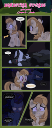 Size: 1919x4724 | Tagged: safe, artist:estories, oc, oc only, oc:alice goldenfeather, oc:möbius, oc:penumbra, pegasus, pony, unicorn, comic:find yourself, comic, female, glowing, glowing eyes, high res, male, mare, rock, scar, stallion