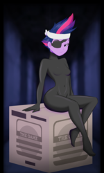 Size: 1500x2500 | Tagged: safe, artist:7los7, twilight sparkle, equestria girls, g4, breasts, cardboard box, catsuit, clothes, eyepatch, female, future twilight, looking at you, sitting, sneaking suit, solid snake, solo, the game