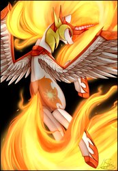 Size: 2297x3310 | Tagged: safe, artist:midfire, daybreaker, alicorn, pony, a royal problem, g4, butt, daybutt, female, helmet, high res, mane of fire, mare, plot, rear view, smiling, solo, spread wings, wings