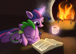 Size: 1780x1265 | Tagged: safe, artist:jaeneth, spike, twilight sparkle, alicorn, dragon, pony, g4, baby, baby dragon, book, chocolate, cup, cute, drink, duo, female, fire, fireplace, food, hot chocolate, magic, male, mama twilight, mare, open book, reading, sleeping, spikabetes, spikelove, twiabetes, twilight sparkle (alicorn)