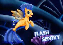 Size: 1600x1131 | Tagged: safe, artist:jucamovi1992, flash sentry, seapony (g4), g4, my little pony: the movie, looking at you, male, movie, movie reference, seaponified, seapony flash sentry, smiling, solo, species swap, stallion, underwater