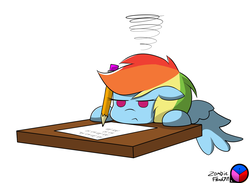 Size: 1280x935 | Tagged: dead source, safe, artist:genericmlp, rainbow dash, pegasus, pony, g4, chibi, female, floppy ears, paper, pencil, rainbow dash is not amused, simple background, solo, table, unamused, white background