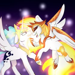 Size: 2000x2000 | Tagged: safe, artist:wazzy54, daybreaker, princess celestia, alicorn, pony, a royal problem, g4, duality, floppy ears, flying, high res, swapped cutie marks
