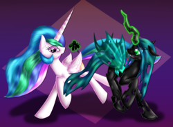 Size: 3000x2200 | Tagged: safe, artist:katakiuchi4u, princess celestia, queen chrysalis, alicorn, changeling, changeling queen, pony, g4, duo, fangs, female, glowing horn, high res, horn, looking at you, magic, mare, missing accessory, smiling