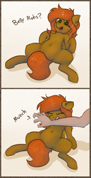 Size: 1704x3296 | Tagged: safe, artist:marsminer, oc, oc only, oc:camber, human, 2 panel comic, behaving like a cat, belly button, bellyrubs, betrayal, biting, chest fluff, comic, dialogue, eyes closed, female, it's a trap, open mouth, pure unfiltered evil, smiling, spread legs, spreading