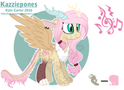 Size: 1024x747 | Tagged: safe, artist:kazziepones, oc, oc only, oc:harmony, draconequus, hybrid, cutie mark, female, interspecies offspring, offspring, parent:discord, parent:fluttershy, parents:discoshy, reference sheet, simple background, smiling, solo, spread wings, transparent background, watermark, wings