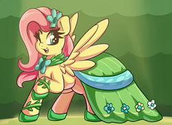 Size: 3000x2185 | Tagged: safe, artist:graphene, fluttershy, pegasus, pony, g4, clothes, cute, dress, female, gala dress, high res, looking at you, looking sideways, mare, one eye closed, open mouth, raised hoof, shyabetes, smiling, solo, spread wings, wings, wink
