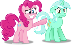 Size: 4533x2835 | Tagged: safe, artist:vector-brony, lyra heartstrings, pinkie pie, earth pony, pony, unicorn, g4, rock solid friendship, duo, floppy ears, grin, high res, nervous, nervous smile, raised eyebrow, raised hoof, scared, simple background, smiling, transparent background, vector, wavy mouth