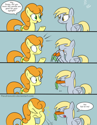 Size: 1024x1325 | Tagged: safe, artist:pandramodo, carrot top, derpy hooves, golden harvest, earth pony, pegasus, pony, g4, ..., asdfmovie, asdfmovie6, carrot, carrot top is not amused, comic, derpy being derpy, dialogue, duo, eyes closed, facehoof, food, gritted teeth, open mouth, parody, shrunken pupils, smiling, wide eyes