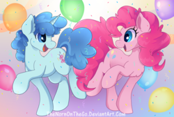 Size: 1000x677 | Tagged: safe, artist:thenornonthego, party favor, pinkie pie, earth pony, pony, unicorn, g4, balloon, cute, duo, female, looking at each other, male, mare, open mouth, smiling, stallion