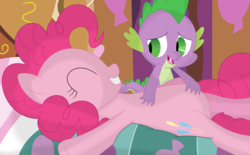 Size: 3561x2209 | Tagged: safe, alternate version, artist:porygon2z, pinkie pie, spike, dragon, earth pony, pony, g4, bed, bellyrubs, female, happy, high res, inkscape, laughing, male, ship:pinkiespike, shipping, smiling, straight, tickling, vector