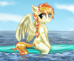 Size: 3322x2753 | Tagged: safe, artist:gaelledragons, oc, oc only, oc:little flame, pegasus, pony, cute, female, high res, mare, ocean, smiling, solo, surfboard, water