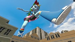 Size: 1280x720 | Tagged: safe, artist:improbabilitygodess, rainbow dash, equestria girls, 3d, city, clothes, compression shorts, destruction, female, giantess, gmod, macro, perspective, pov, rampage, skirt, smiling, solo, stomping