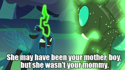 Size: 622x349 | Tagged: safe, edit, edited screencap, screencap, queen chrysalis, thorax, changeling, changeling queen, g4, to where and back again, caption, female, guardians of the galaxy vol. 2, spoilers for another series, text, yondu udonta