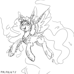 Size: 700x700 | Tagged: safe, artist:piripaints, daybreaker, alicorn, pony, a royal problem, g4, female, flying, helmet, mare, monochrome, scribble, sketch, smiling, solo, wip