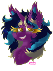 Size: 2024x2699 | Tagged: safe, artist:vanillaswirl6, oc, oc only, oc:midnight fairytale, pony, unicorn, bust, cheek fluff, chest fluff, colored eyelashes, colored pupils, ear fluff, female, fluffy, freckles, gift art, high res, looking at you, mare, nervous, open mouth, sharp teeth, simple background, solo, teeth, transparent background