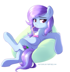 Size: 1353x1392 | Tagged: safe, artist:kaylemi, oc, oc only, oc:peppermint crunch, pony, armpits, beanbag chair, drinking, simple background, solo