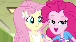 Size: 1100x618 | Tagged: safe, screencap, fluttershy, pinkie pie, equestria girls, g4, my little pony equestria girls: friendship games, clothes, female, lidded eyes, tank top