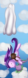 Size: 2159x6011 | Tagged: safe, artist:ilynalta, spike, starlight glimmer, dragon, g4, cloud, eyes closed, falling, female, high res, kissing, male, parachute, saddle bag, ship:sparlight, shipping, sky, skydiving, straight, upside down