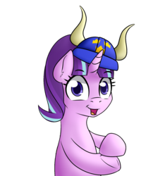 Size: 1500x1600 | Tagged: safe, artist:10art1, edit, starlight glimmer, pony, unicorn, g4, clapping, colored pupils, ear fluff, female, hat, helmet, horned helmet, looking at you, mare, open mouth, simple background, solo, starlight says bravo, transparent background, viking helmet