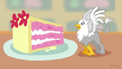 Size: 1199x680 | Tagged: safe, artist:moppie, oc, oc only, oc:der, griffon, cake, food, micro, solo