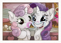 Size: 4961x3508 | Tagged: safe, artist:rainihorn, rarity, sweetie belle, pony, unicorn, forever filly, g4, absurd resolution, chest fluff, cute, diasweetes, food, hnnng, ice cream, messy, raribetes, scene interpretation, smiling