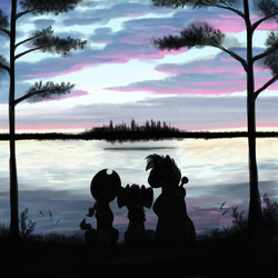 Size: 1125x1125 | Tagged: safe, artist:bugiling, apple bloom, applejack, big macintosh, earth pony, pony, g4, lake, scenery, silhouette, sunset, tree, trio