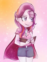 Size: 1150x1510 | Tagged: safe, artist:starchasesketches, oc, oc only, oc:sundawn flare, human, amulet, book, cape, clothes, gloves, grin, humanized, humanized oc, next generation, offspring, parent:starlight glimmer, parent:sunburst, parents:starburst, pattern, smiling, solo
