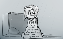 Size: 1473x906 | Tagged: safe, artist:neighday, suri polomare, earth pony, pony, g4, begging, box, crying, depressing, desperation, feels, female, grayscale, hair over one eye, helpless, homeless, mare, monochrome, okay, rain, sad, sign, solo, will x for y, woobie