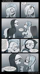 Size: 1038x1920 | Tagged: safe, artist:neighday, coco pommel, suri polomare, earth pony, pony, begging, box, clothes, cocobetes, coffee, comic, crying, cute, dialogue, duo, duo female, eyes closed, featured image, feels, female, forgiveness, good end, grayscale, hair over one eye, heartwarming, homeless, makeup, mare, monochrome, rain, redemption, running makeup, sad, smiling, speech bubble, suribetes, sweet dreams fuel, tears of joy