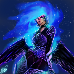 Size: 1000x1000 | Tagged: safe, artist:xxmarkingxx, nightmare moon, human, g4, armor, butt wings, clothes, female, hand on hip, humanized, lipstick, smiling, solo, winged humanization, wings