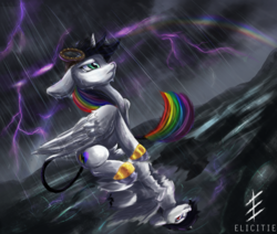 Size: 1300x1100 | Tagged: safe, artist:elicitie, oc, oc only, oc:lightning bliss, alicorn, pony, alicorn oc, goggles, lightning, rainbow hair, solo, white coat