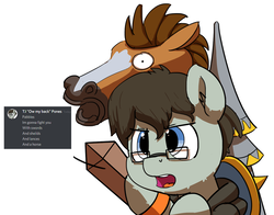 Size: 1280x1001 | Tagged: safe, artist:pabbley, oc, oc only, oc:tjpones, pony, dialogue, hoers mask, mask, simple background, solo, sword, weapon, white background