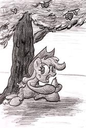 Size: 1006x1494 | Tagged: safe, artist:shoeunit, applejack, earth pony, pony, g4, dishonorapple, female, food, hoof hold, pear, sitting, solo, traditional art, tree, under the tree