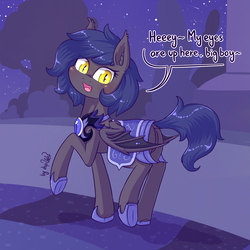 Size: 1920x1920 | Tagged: safe, artist:dsp2003, oc, oc only, oc:major umbra, bat pony, pony, armor, blushing, clothes, commission, fangs, featureless crotch, female, guardsmare, looking at you, mare, night guard, open mouth, single panel, slit pupils, solo, starry sky, stars