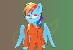 Size: 1280x880 | Tagged: safe, artist:triodekka, rainbow dash, pony, g4, bandaid, clothes, female, prison outfit, prisoner rd, solo, watermark