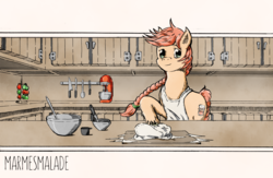 Size: 1252x814 | Tagged: safe, artist:dreamingnoctis, oc, oc only, oc:marmesmalade, pony, 3d, apron, blender, bowl, cabinets, clothes, cup, dough, kitchen, knife, mixing bowl, solo, spoon, unshorn fetlocks, vegetable peeler