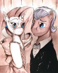 Size: 1533x1925 | Tagged: safe, artist:dreamingnoctis, filthy rich, rarity, earth pony, pony, g4, alcohol, clothes, cover art, dress, ink, lights, martini, sepia, sepia tone, traditional art, tuxedo, watercolor painting