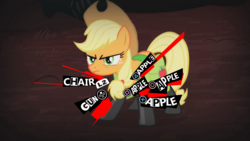 Size: 1280x720 | Tagged: safe, artist:jhaller, edit, edited screencap, screencap, applejack, earth pony, pony, g4, somepony to watch over me, angry, apple, crossover, female, fireproof boots, food, meme, parody, persona, persona 5, photoshop, playstation, solo