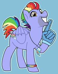 Size: 1795x2290 | Tagged: safe, artist:/d/non, bow hothoof, pegasus, pony, g4, parental glideance, 30 minute art challenge, blue background, foam finger, jewelry, male, necklace, simple background, solo, stallion, wwrdd?