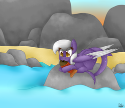 Size: 1396x1200 | Tagged: safe, artist:kawurin, oc, oc only, fish, original species, shark pony, eating, nom, ocean, rock, solo, wings