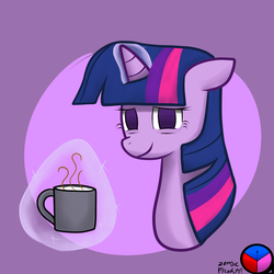 Size: 1280x1280 | Tagged: safe, artist:genericmlp, twilight sparkle, pony, g4, cup, female, magic, solo, tired, wrong magic color