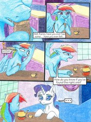 Size: 1280x1707 | Tagged: safe, artist:tillie-tmb, rainbow dash, rarity, pony, comic:the amulet of shades, g4, chocolate, comic, eating, food, teapot, traditional art
