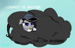 Size: 1411x904 | Tagged: safe, artist:chopsticks, oc, oc only, oc:chopsticks, pegasus, pony, boop, clothes, cloud, confidentially cute, cute, hat, hiding, male, non-consensual booping, sky, smiling, smirk, solo, stallion, stormcloud, text