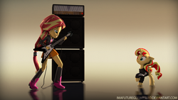 Size: 1600x900 | Tagged: safe, artist:imafutureguitarhero, sunset shimmer, human, pony, equestria girls, g4, 3d, adidas, amplifier, boots, cable, clothes, cute, electric guitar, female, floppy ears, flying v, gibson flying v, guitar, guitar amp, guitar cabinet, heavy metal, high heel boots, hoodie, human ponidox, jacket, leather jacket, mare, multicolored hair, multicolored mane, multicolored tail, musical instrument, musician, ponied up, raised hoof, reflection, rock (music), self paradox, self ponidox, shoes, skirt, source filmmaker, startled, sunset shredder, text, tracksuit, wide eyes